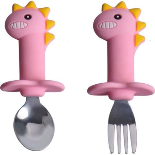 2Pcs/Set Baby Tablewares Cartoon Dinosaur Heat Resistant Silicone Baby Training Spoon Fork for Infant