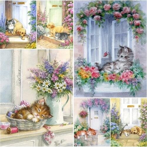 5D DIY Diamond Painting Animal Garden Cat Cross Stitch Kit Full Drill Square Embroidery Mosaic Art Picture Of Rhinestones Decor