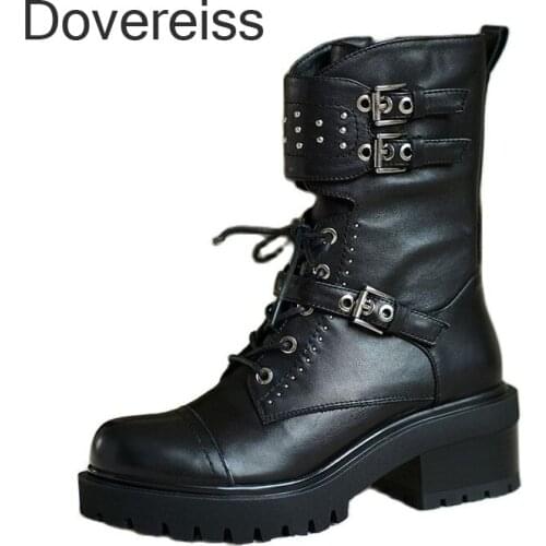 Dovereiss Fashion Womens Shoes Winter Sexy Pure Color Cross Tied Genuine Leather Lacquered Leather Matin Boots Ankle Boots