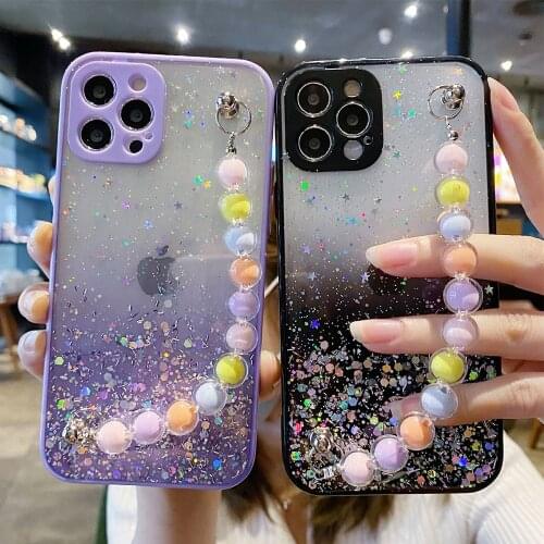 Wrist Chain Case for iPhone 11 Pro Max 7 8 XR XS Max Glitter Cases Cute Colorful Pearl Bracelet Chain Hanging Case for iPhone 12