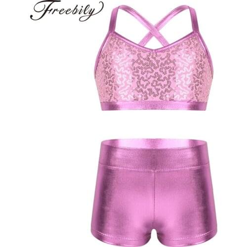 Teen Girls Shiny Sequin Gymnastics Shorts Crop Top Ballet Leotard Dance Set Kids Sports Tankini Stage Dance Costume Set