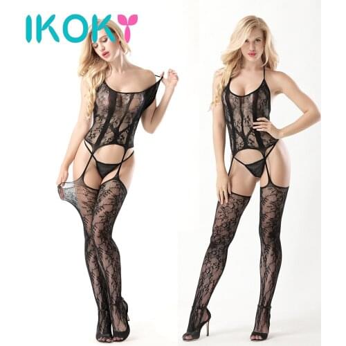 IKOKY Sexy Hanging Neck Adult Products Sexy Lingerie Costumes Underwear Exotic Apparel Open Crotch Bodysuit Catsuit