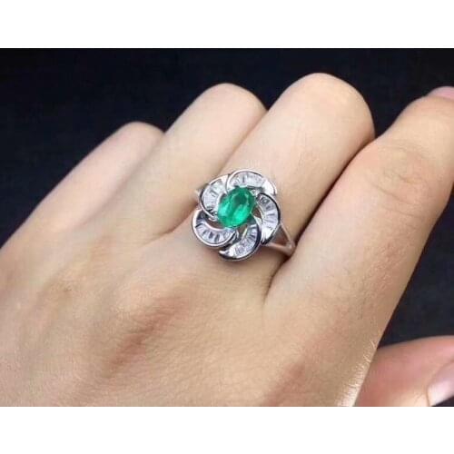 Emerald ring Free shipping Flower rings Natural real emerald 925 sterling silver 4*6mm 0.52ct gemstone