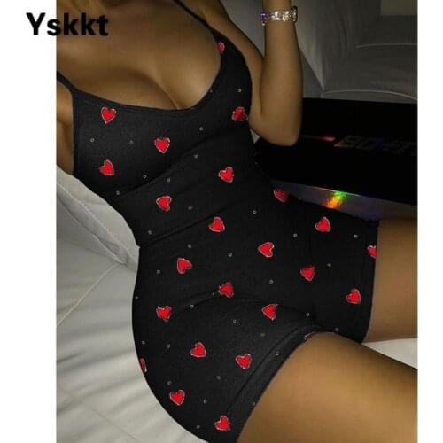 Bodysuit Women Sexy Plus Size Heart Print Bodycon Jumpsuit V Neck Sleeveless Slim Fit Romper Summer One Piece Jumpsuits 2021