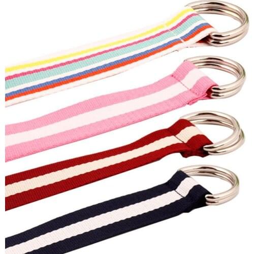 Hot Sales Dual D Ring Color Block Stripe Jeans Belt Canvas Strap Lady Decorative Waistband