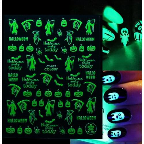3D Luminous Halloween Skull Pumpkin Stickers for Nails Art Decorations Glitter Nail Stickers Manicure Glow Dark 10sheet/lot