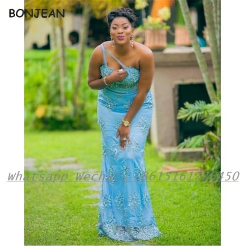Sky Blue Bridesmaid Dresses Mermaid 2021 One Shoulder Elastic Satin African Bridesmaid Dress Plus Size for Women Wedding