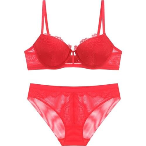 2020 New Sexy Hollow out Eyelash Lace Push Up Bra and Panties Set Underwear Women Lingerie Mesh Lace Pantchwork A B C D Cup