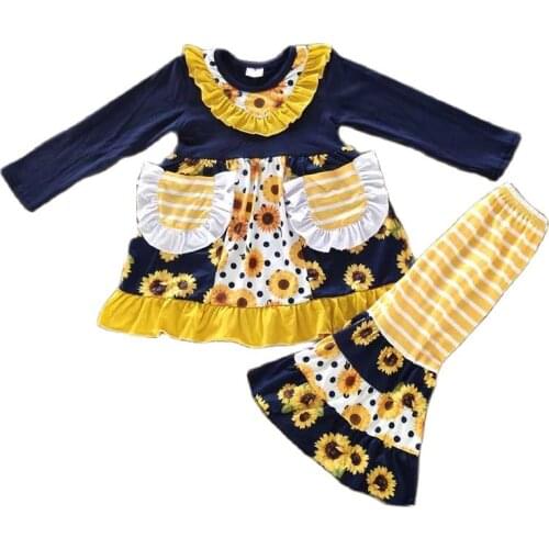 2021 New Boutique Sunflower Print Cute Long Sleeve Set for Boys and Girls Kid Clothes Children Clothing Outfits