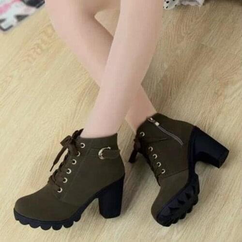 Autumn 2020 New High-heeled Womens Boots Cross Lace Ankle Boots Thick Heel Martin Boots Leather Boots Q10-85