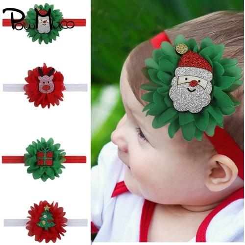 Powmuco Shining Cartoon Pattern Floral Headband Cute Chiffon Flower Infant Elastic Hairband Kid Accessories Christmas Decoration