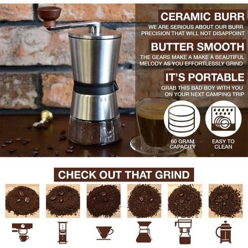 1Set Manual Coffee Grinder Stainless Steel Ceramic Burr Portable Hand Crank Grinder Hand Grind Coffee Machine Kitchen Tools Acce