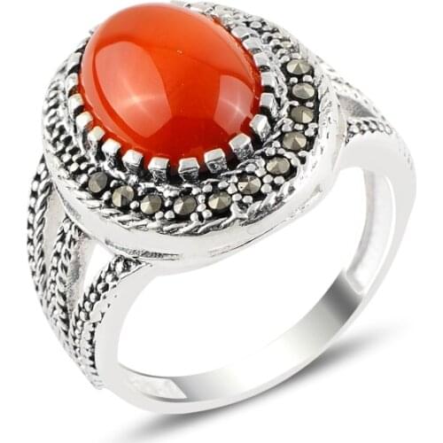 Silver 925 Sterling Red Agate & Marcasite Ring