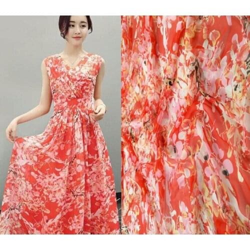 Pure Natural 100% Mulberry Silk Chiffon Fabric Digital Prints Red Flowers tissus au metre Textile Sew Women Dress Scarf Wide