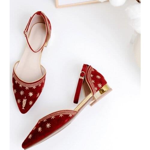 Kmeioo pigskin shoes high quality comfortable ankle strap sandals summer embroider low heel shoes chunky heels