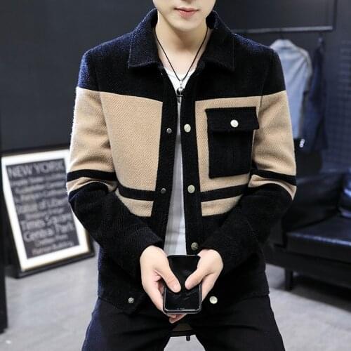 In the fall and winter of 2021 men woolen cloth color matching jacket young handsome tide brief paragraph woollen jacket lapels