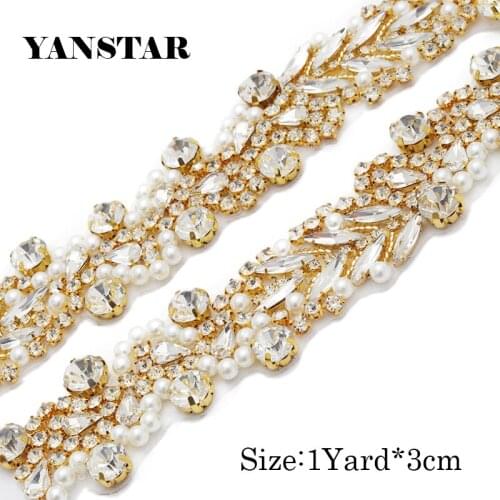 YANSTAR 3CM* 5Yard Rhinestones Trim Iron On Wedding Dresses Belt Rhinetones With Beads Crystal On DIY Bridal Sashes Y973