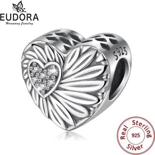 EUDORA Romantic 925 Sterling Silver Crystal CZ Heart Flower Charms Beads fit Original Bracelets DIY Jewelry Making 2019 New Z102