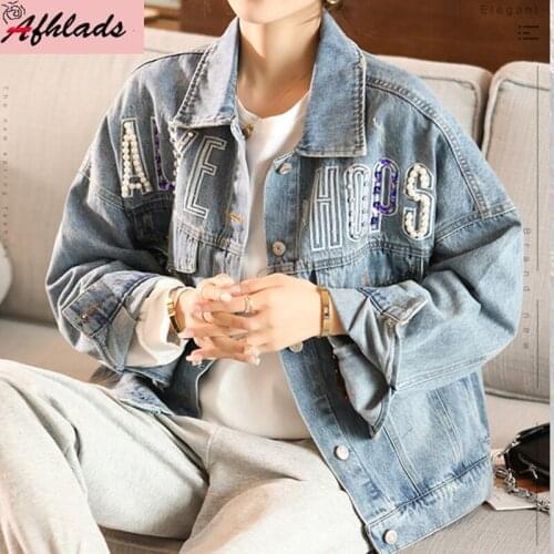 2021 Autumn And Winter Beaded Sequins Denim Jacket Womens Clothing Loose Letters Streetwear Plus Size Turn-Down Collar Coats