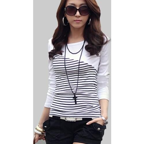 Shintimes Black White Striped Long Sleeve T Shirt Women Cotton Tshirt Elasticity 2020 New Spring Autumn T-Shirt Tee Shirt Femme