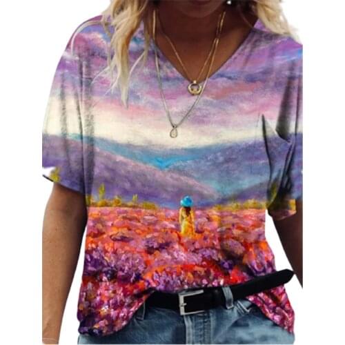 3D Cartoons Floral Print Women T Shirt Summer 2021 New Fashion Casual Short Sleeve V-Neck Loose Tops Ladies Streetwear Plus Size
