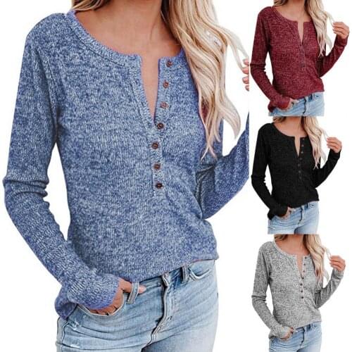 Long Sleeve Women Blouse Solid Color Autumn Winter O Neck Buttons Tunic Top Streetwear