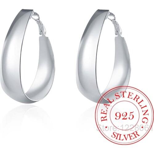 European Style Big Earrings Real 925 sterling silver Loop earrings simple style Smooth Oval hoop earrings for women Fine Jewelry