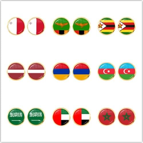 Malta Zambia Zimbabwe Latvia Armenia Azerbaijan Saudi Arabia UAE Morocco National Flag Glass Cabochon Stud Earrings For Women