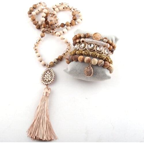 RH Fashion Black Semi Precious Beaded Stone Pendant Necklace and Bracelet Set For Women Jewelryes Sets