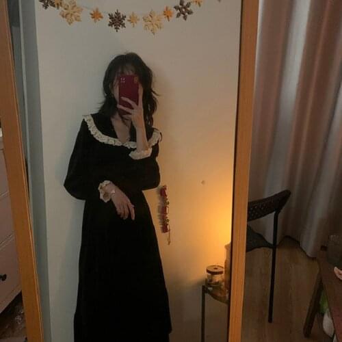 Lolita style Sweet Black Peter Pan Collar Cosplay Lace Velvet Full Sleeve Ladies Long Dresses 2021 Spring Women Party Dress