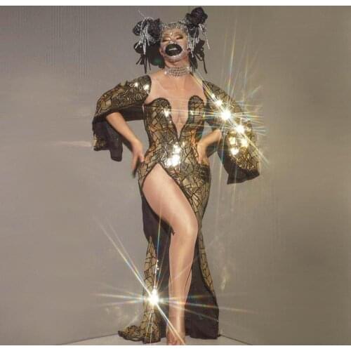 Flashing Gold Sequin High Split Long Dresses for Women Birthday Celebrate Outfit Singer Show Evening Stage Wear Prom Party Dress