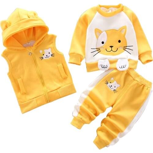 Baby girl clothes spring, autumn and winter plus velvet thickening warm suit boy cartoon cat cute hooded sweater baby 3pcs