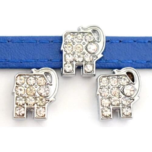 8mm Hole Silver Rhinestone Elephant Slide Charms Beads DIY Accessories Handmade Jewelry For 8mm Bracelets Key Chains Pet Collar