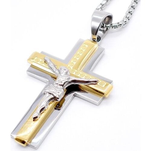 AMUMIU Jesus Gold Color Stainless Steel Cross Pendant Necklace Chain Mens Womens Jewelry HP256C