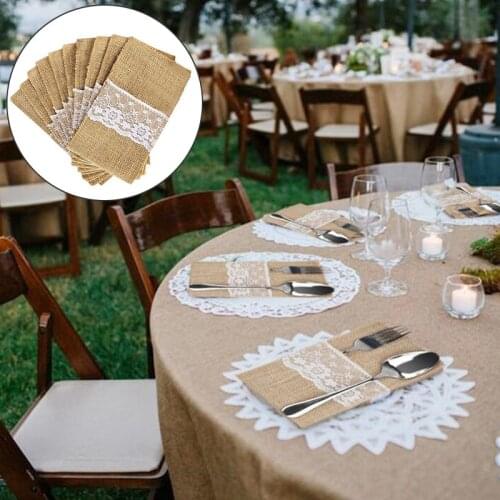 Birthday Burlap Lace Cutlery Pouch Rustic Party Wedding Tableware Knife Fork Holder Bag Hessian Jute Table Decoration