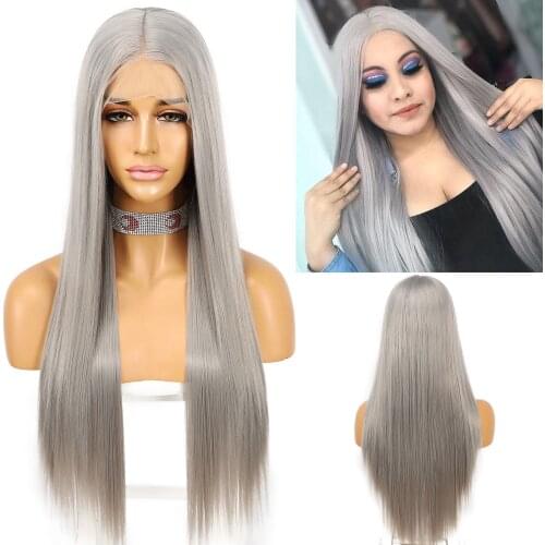 Krismile Long Straight Grey Synthetic Lace Wig Middle Part Soft Hair Daily for Women Cosplay Party High Temperature Glueless