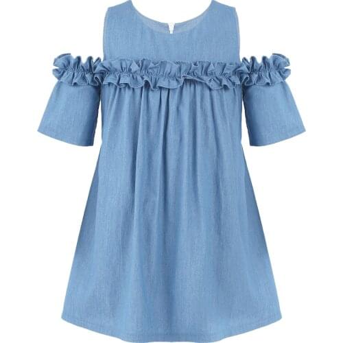 4 to16 Yrs Kids & Teenager Girls Ruffle Denim Dress Short Sleeve Cotton Casual Blue Dress Children Summer Princess Vestidos