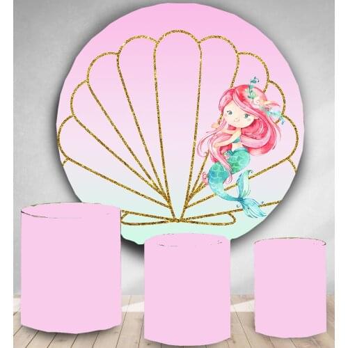 Cartoon Mermaid themed backdrop Round Panel circle background birthday party decor candy dessert table banner baby shower