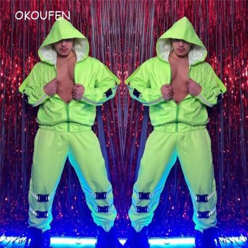 Nightclub bar Mens Hooded Zipper Tooling Jumpsuits Costume Reflective Fluorescent one piece Overalls