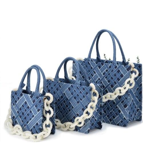 New hand-woven lace pearl chain denim small square rhomboid spliced one-shoulder handbag large volume fashion tote bag