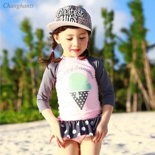1-8 Y Girl Two Pieces Swimwear Kids Long Sleeve Surfing Wear Baby Pink Swimsuit Chidlren Swim Pool Suit Children Sandy Beachwear