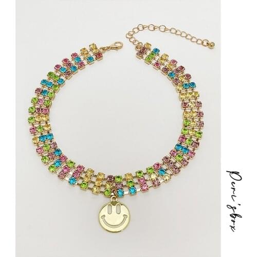 PerisBox Hip Hop Rainbow Rhinestone Smiley Charm Choker For Women Exaggerated Punk Three Rows Colorful Crystal Smiling Necklace