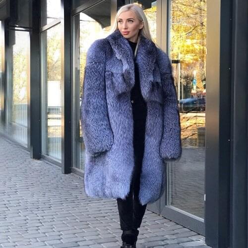 TOPFUR Fashion Natural Blue Fox Winter Loose Coat Women Leather Jacket Real Fur Coat Women Full Sleeves Lapel Collar