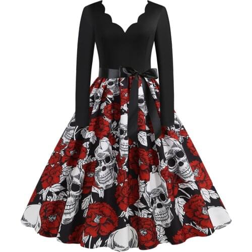Women Vintage Long Sleeve Dresses Halloween 1950s Housewife Evening Party Prom Dress Bow Tie Dress Vestidos De Verano #G3