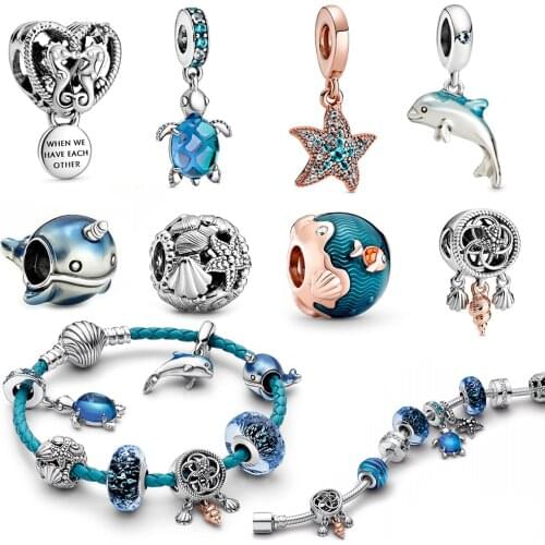 100% 925 Sterling Silver New Summer High Quality Hollow Seahorse Starfish Shell Narwhal Dolphin Ladies Diy Bracelet Jewelry