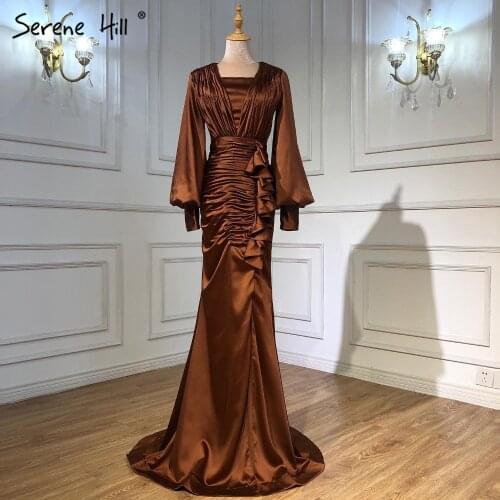 Serene Hill Brown Satin Draped Evening Gown 2021 Sexy With Split V-Neck Long Sleeves For Women Formal Party Dress CLA71274