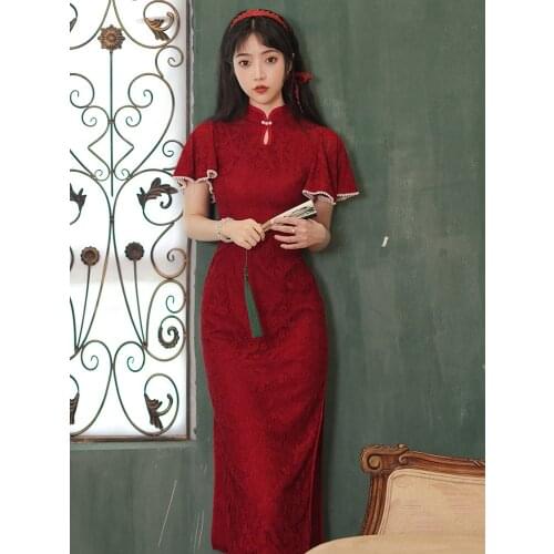 Summer Chinese Style Womens Retro Girl Lace Trumpet Sleeves Side Slit Cheongsam Style Mid-Length Dress Party Red Dress Dress