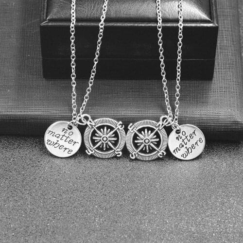 2pcs / set Compass Necklace Best Friends Pendant Necklace Fashion Men and Women "No matter where" Couple Love Gift Jewelry