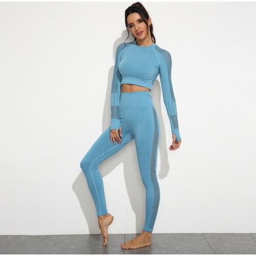 Mesh Breathable Yoga Set Seamless 2 Piece Set Women Leggings+long Sleeve Yoga Top Ropa Deportiva Mujer Solid Gym Clothing