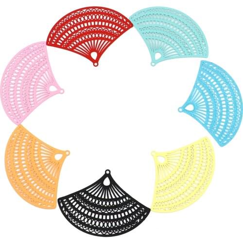 5 PCs Hollow Fan-shaped Iron Alloy Filigree Stamping Pendants Colorful Fans Charms For DIY Earring Necklace Making 53x 38mm